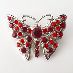 Small Silver & Red Stones Butterfly Brooch Iridescence Cute Nature Feminine
